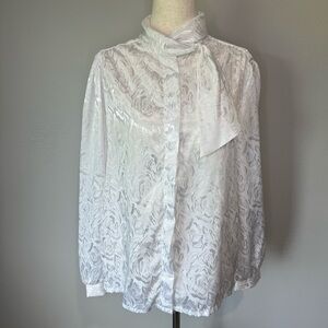 Vintage Caribou White Jacquard Rose Blouse w/ Neck Tie | Made in USA | Size 14